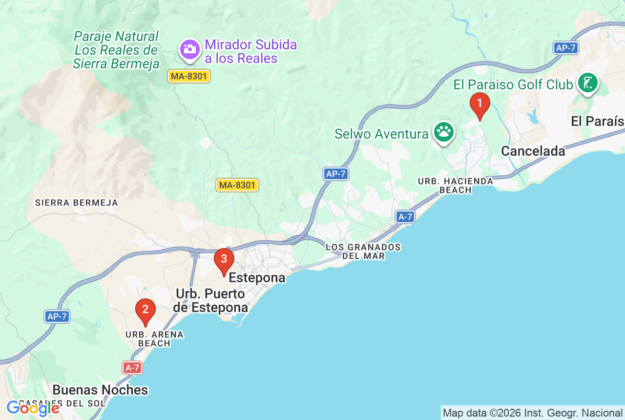 Google map with three project pins in Estepona