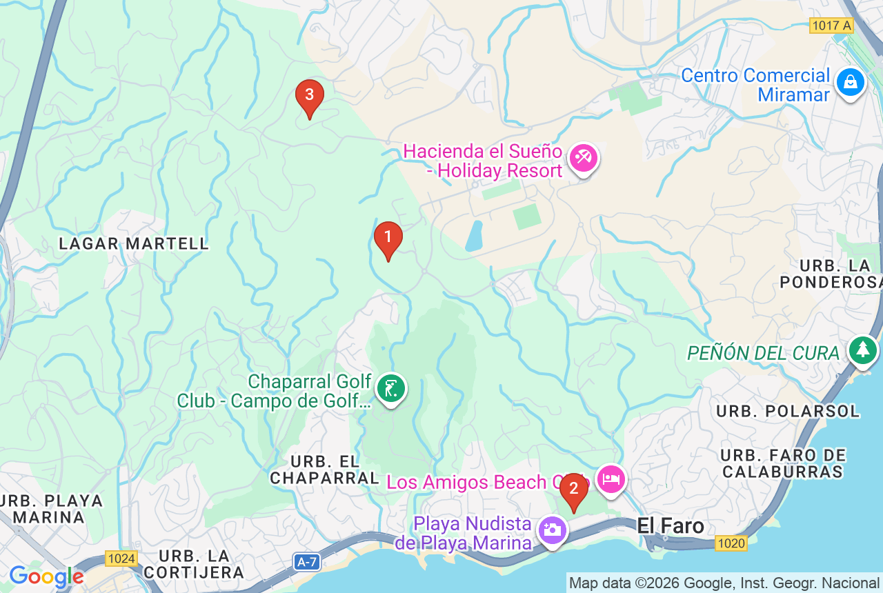 Google map with three project pins in Mijas