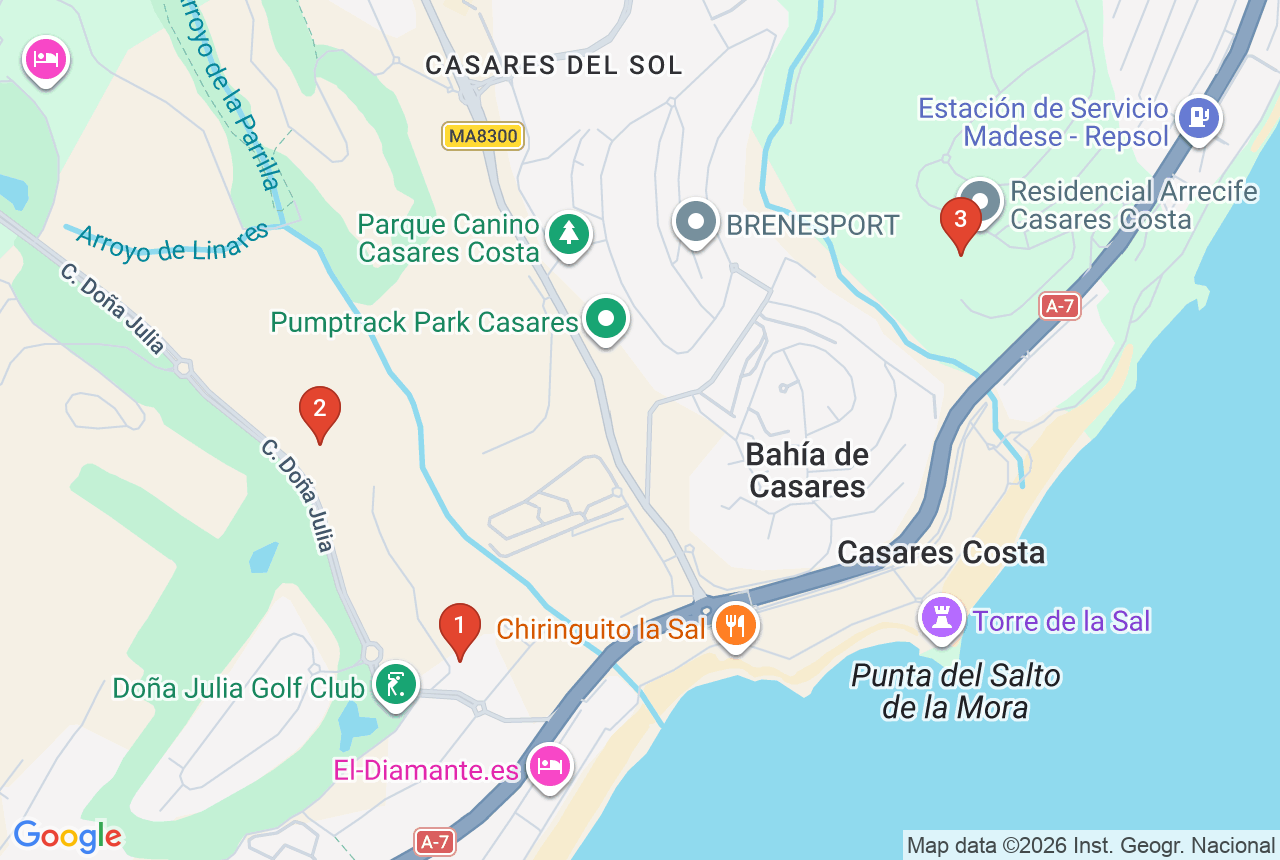 Google map with three project pins in Casares