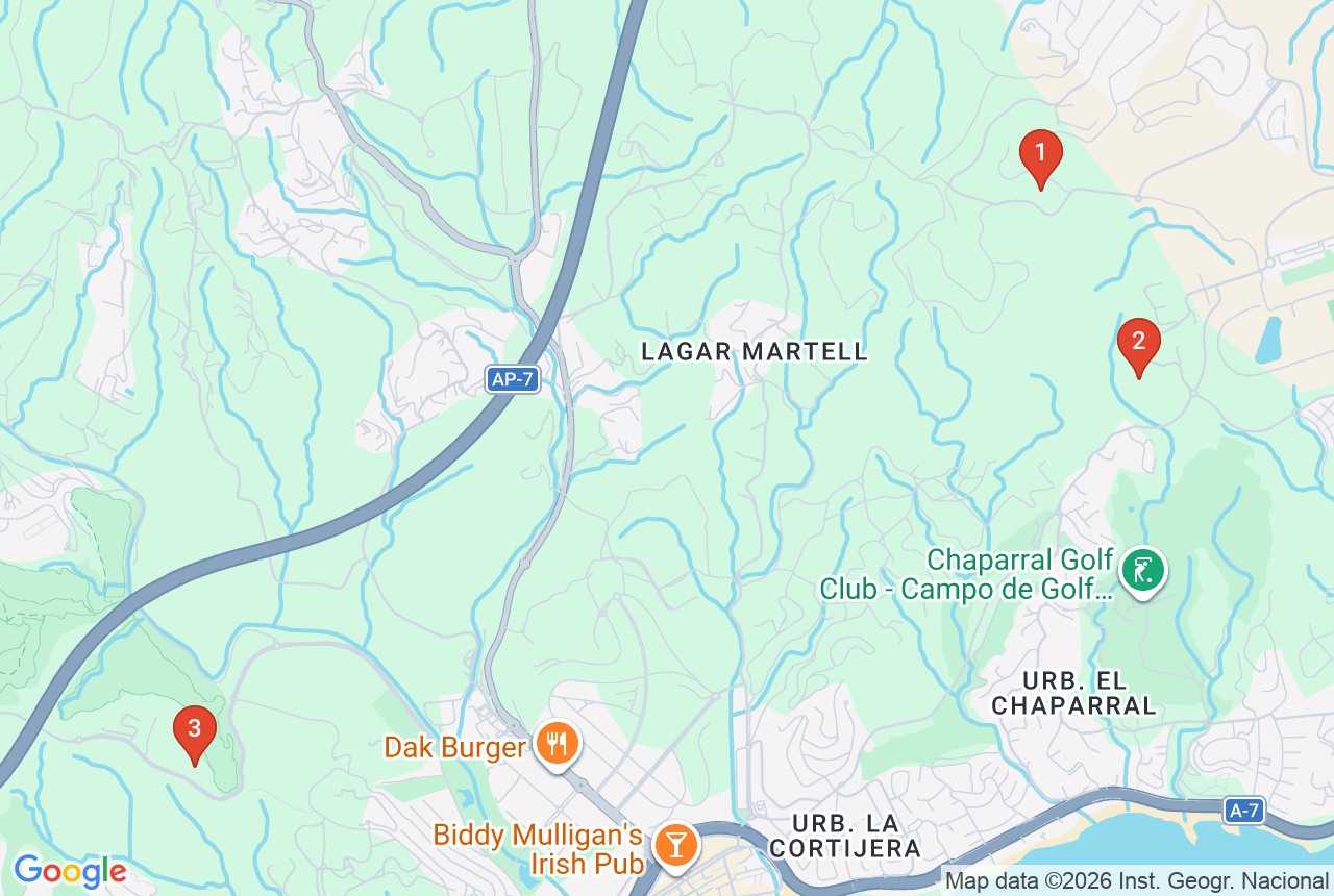 Google map with three project pins in Mijas
