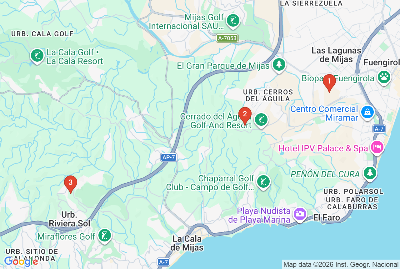 Google map with three project pins in Mijas
