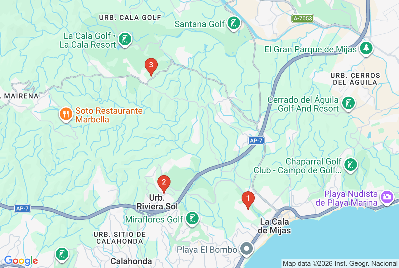 Google map with three project pins in La Cala de Mijas