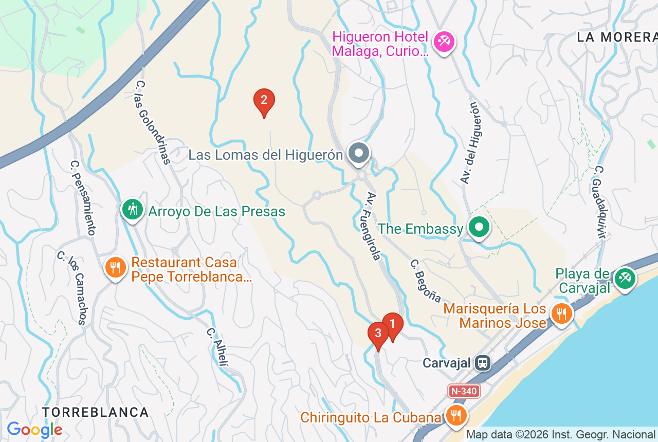 Google map with three project pins in Fuengirola
