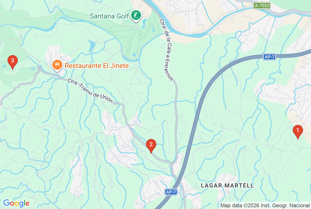 Google map with three project pins in Mijas
