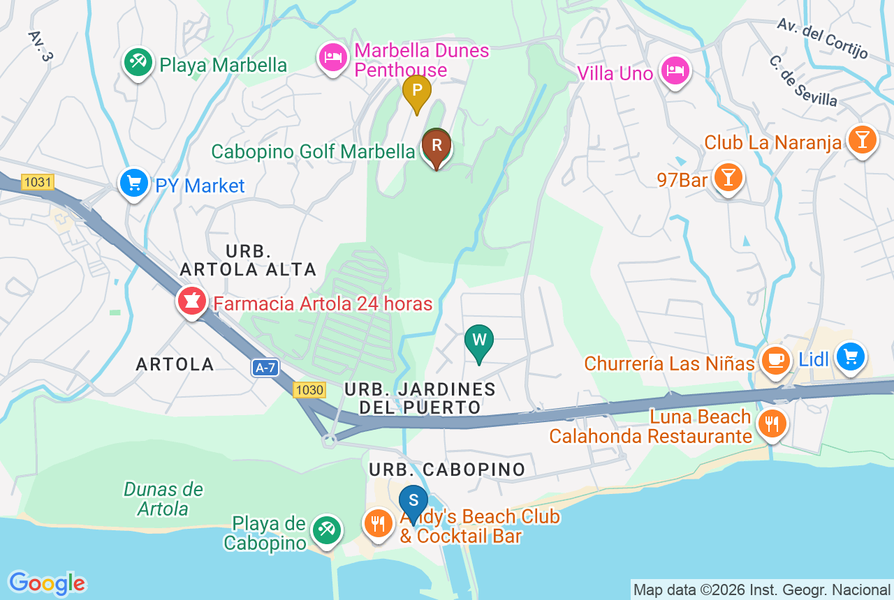 Google-kaart van Cabopino Gardens Villa 2 met vijf pins