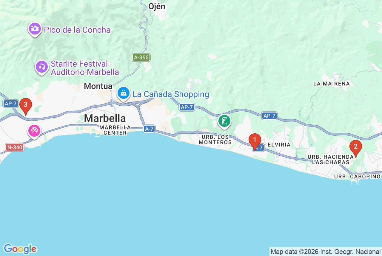 Google-kaart met drie projectpins in Marbella