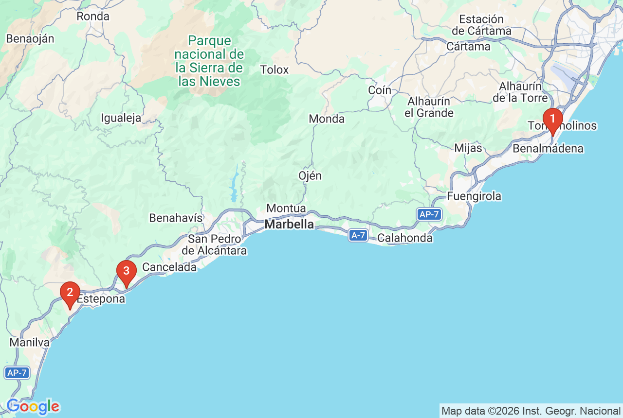 Google map with three project pins on the Costa del Sol