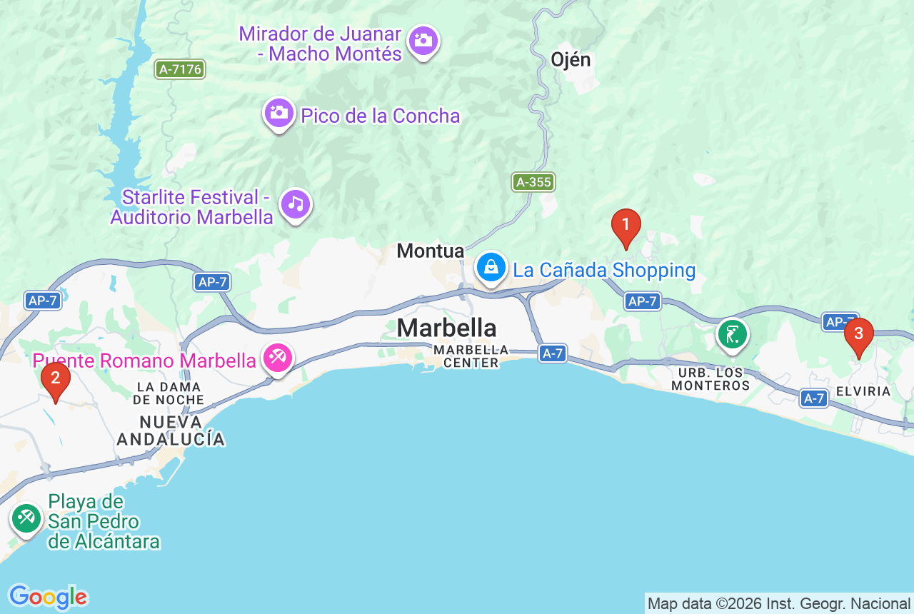 Mapa Google z trzema punktami projektu w Marbelli