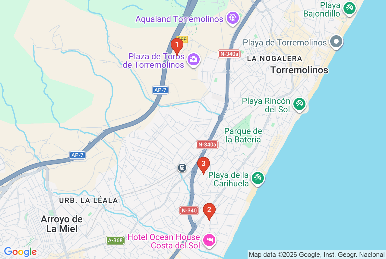 Google map with three project pins in Torremolinos