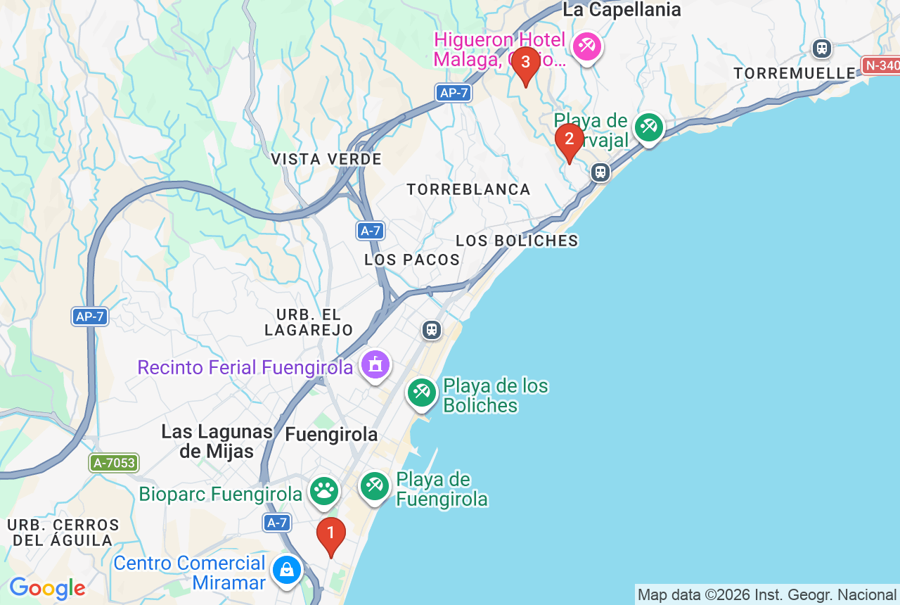 Google map with three project pins in Fuengirola
