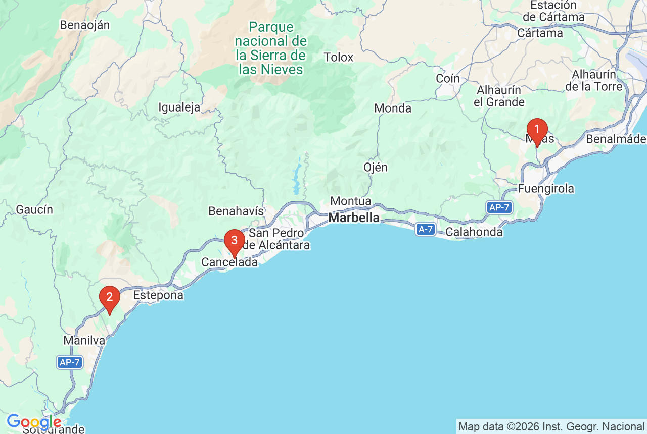 Google map with three project pins on the Costa del Sol