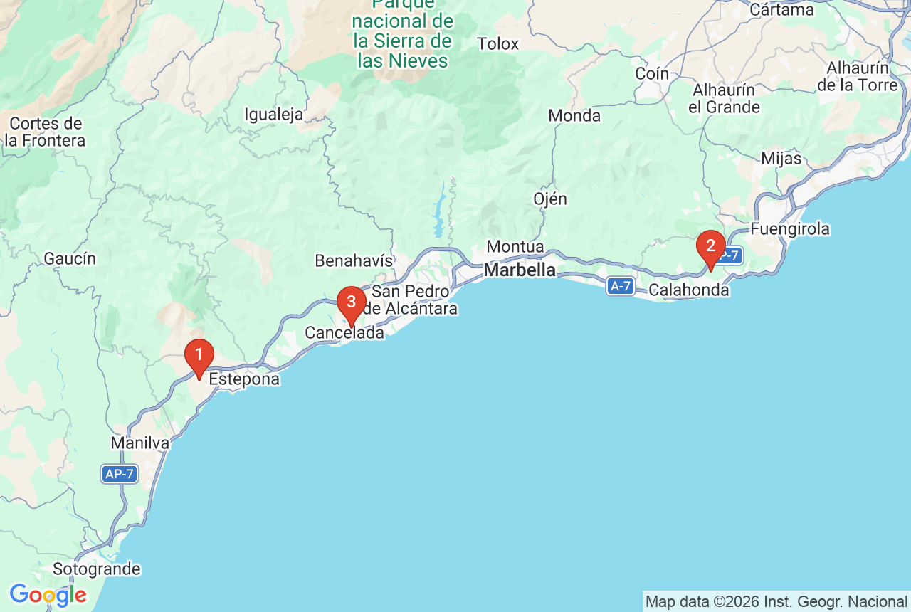 Google map with three project pins on the Costa del Sol