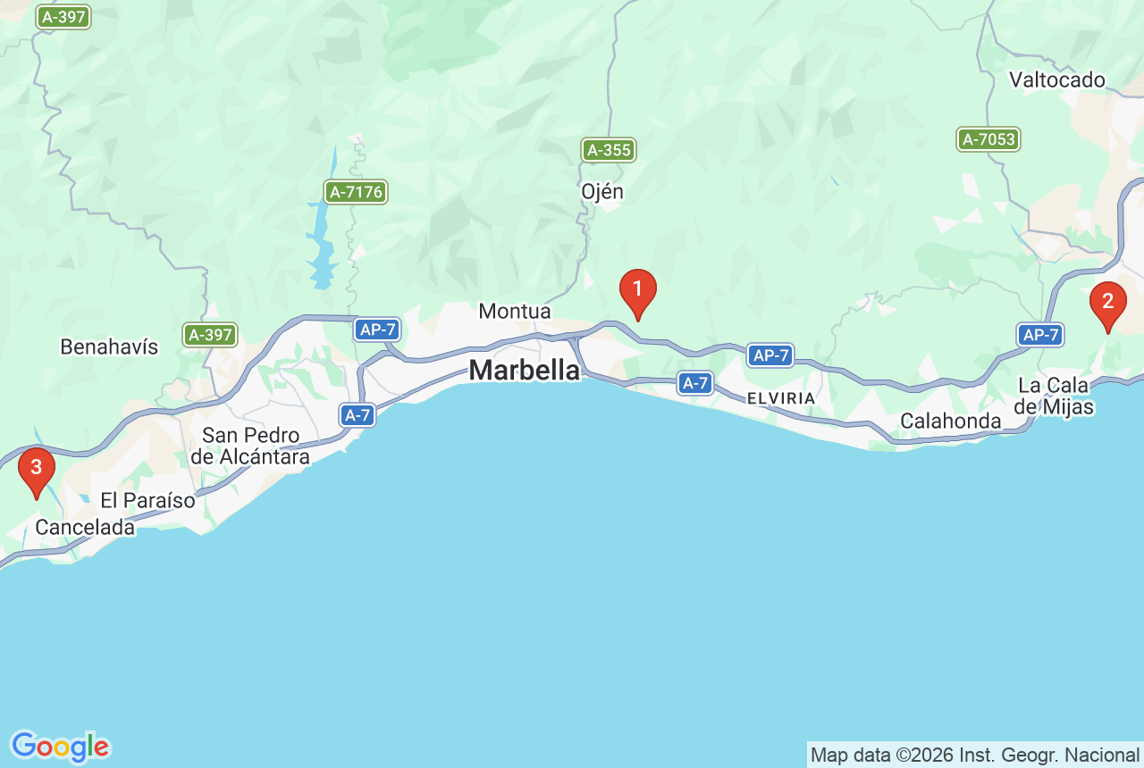 Google map with three project pins on the Costa del Sol