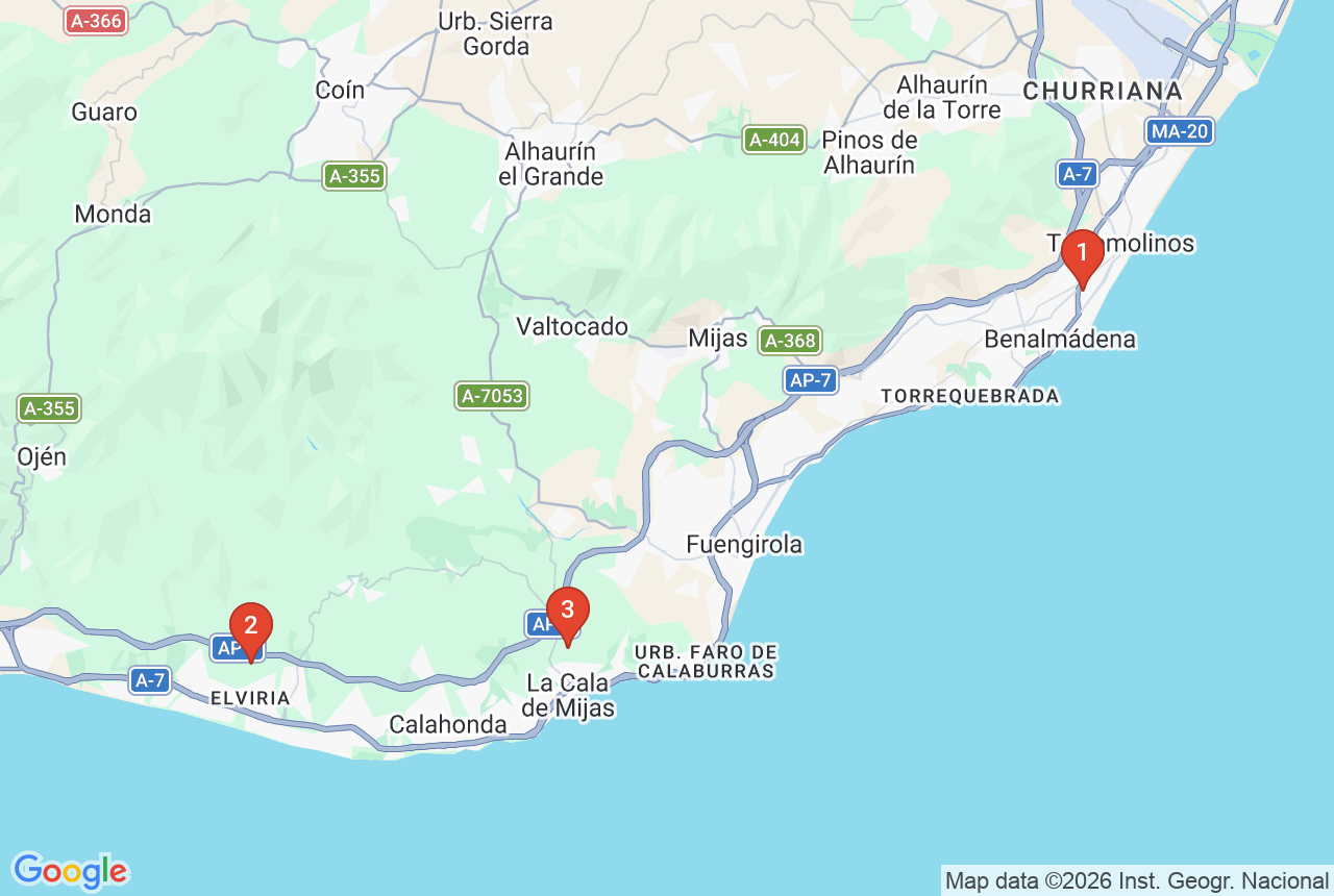 Google map with three project pins on the Costa del Sol
