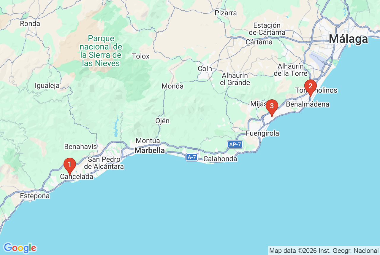 Google map with three project pins on the Costa del Sol