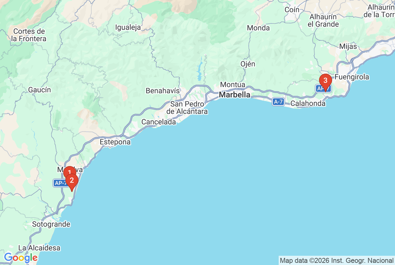 Google map with three project pins on the Costa del Sol