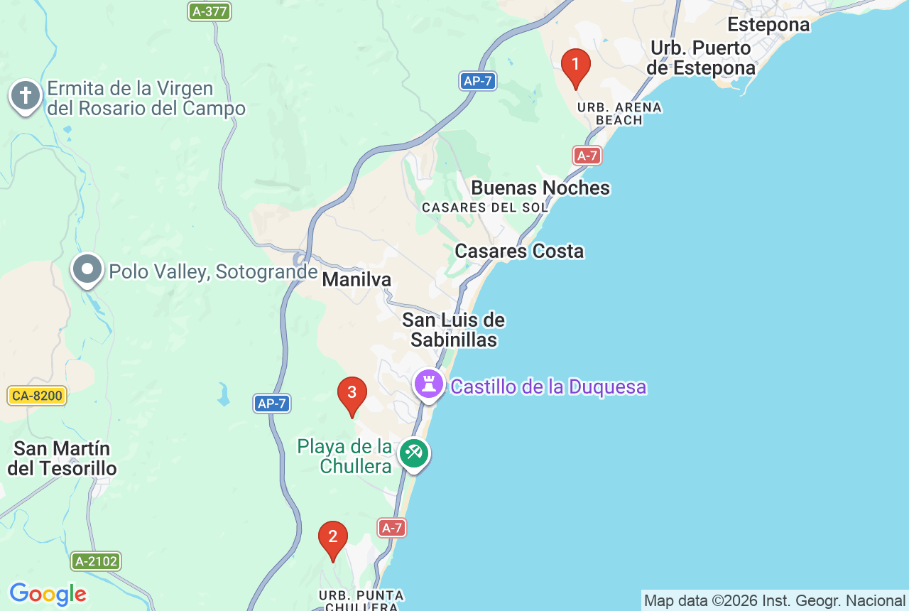 Google map with three project pins on the Costa del Sol